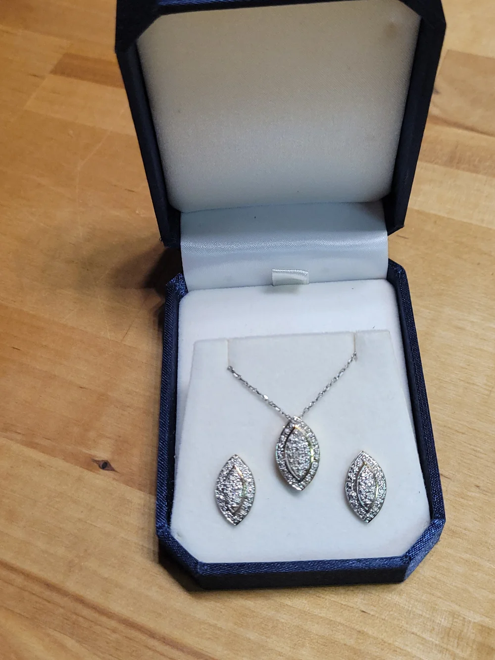 Sterling Silver Pavé Marquise  Pendant Necklace & Stud Earrings Set - Silver